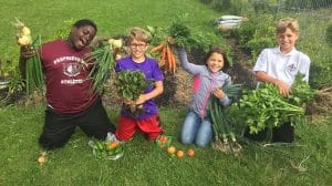 4 Kids with vegetable harvest