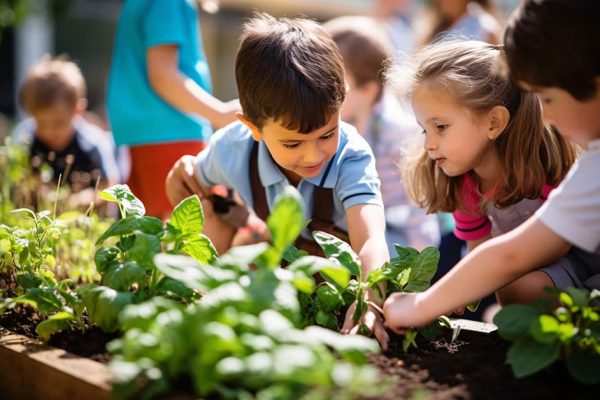 Children in the school garden doing gardening, back to school concept.